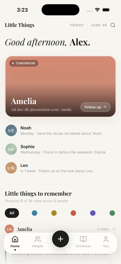 Little Things home screen: greeting, follow-up card and notes digest