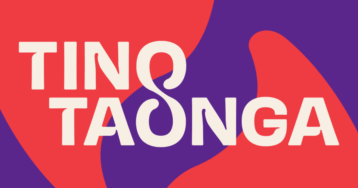 Tino Taonga brand lockup in cream over red and purple shapes