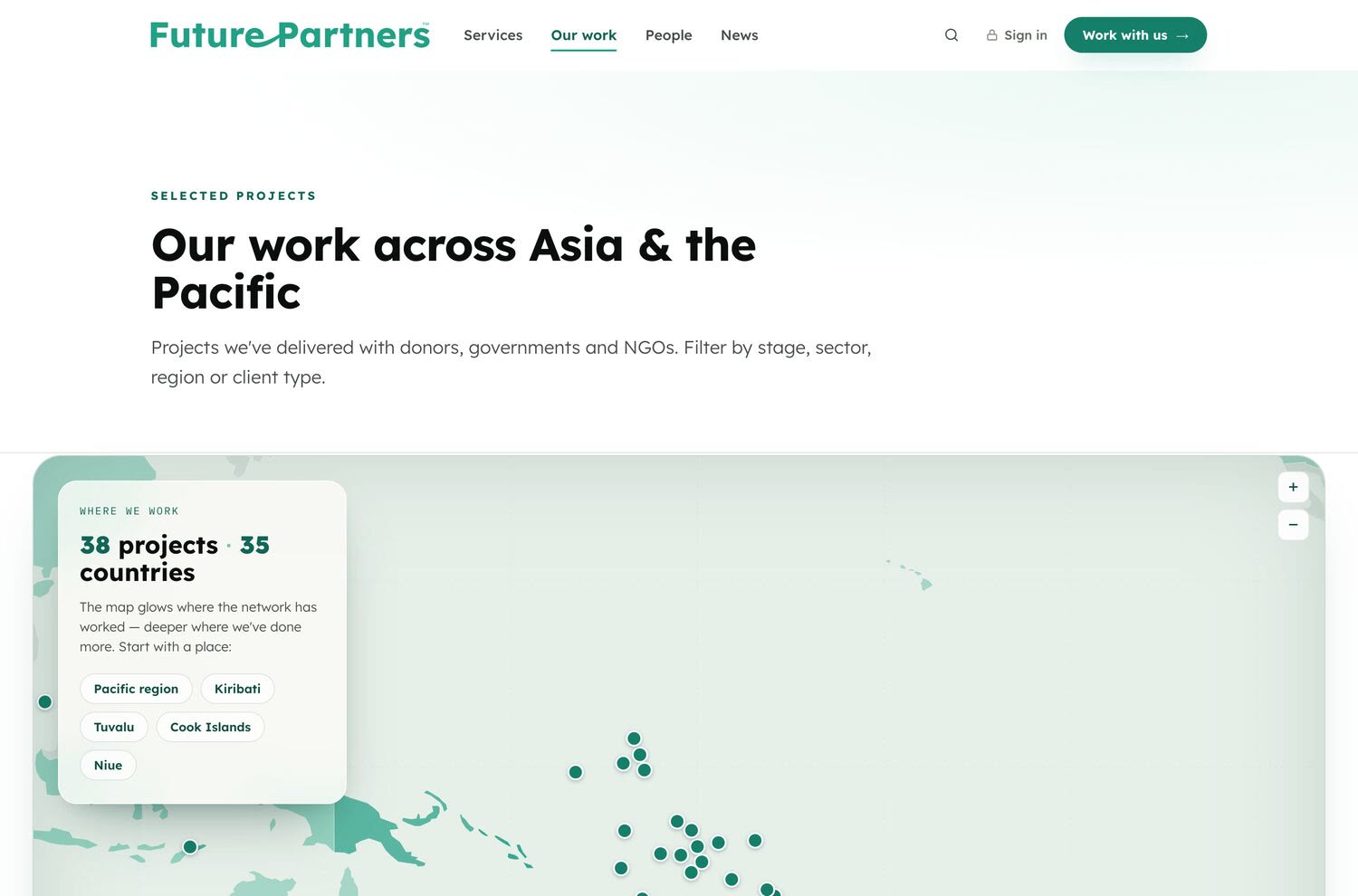 The new work page: the atlas, glowing where the network has worked