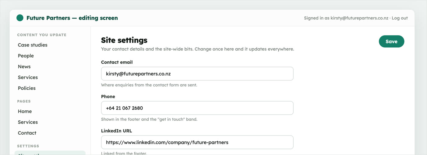The editing screen the team uses to update the site