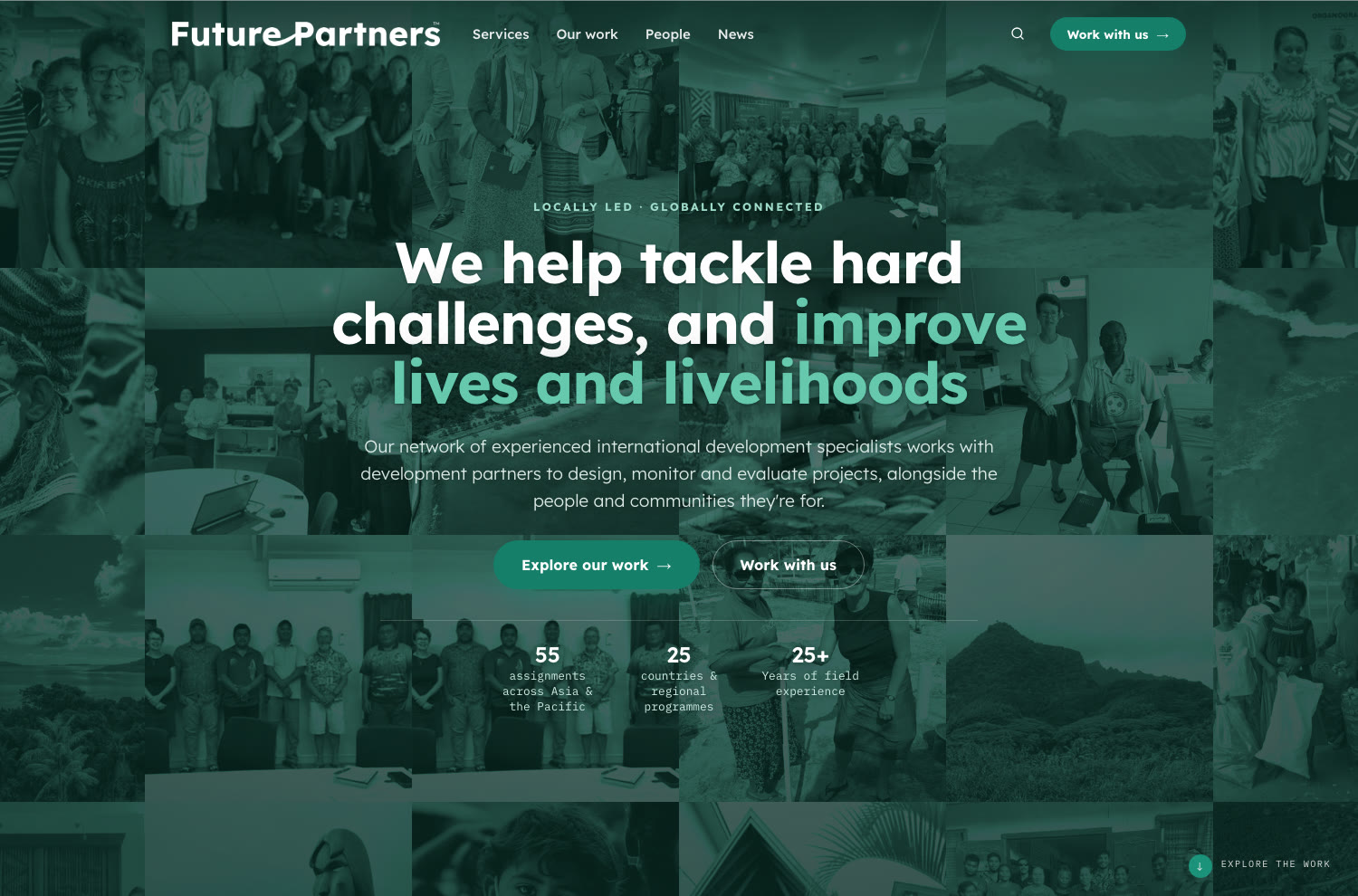The new homepage: a mosaic of field photographs behind the headline, stats beneath