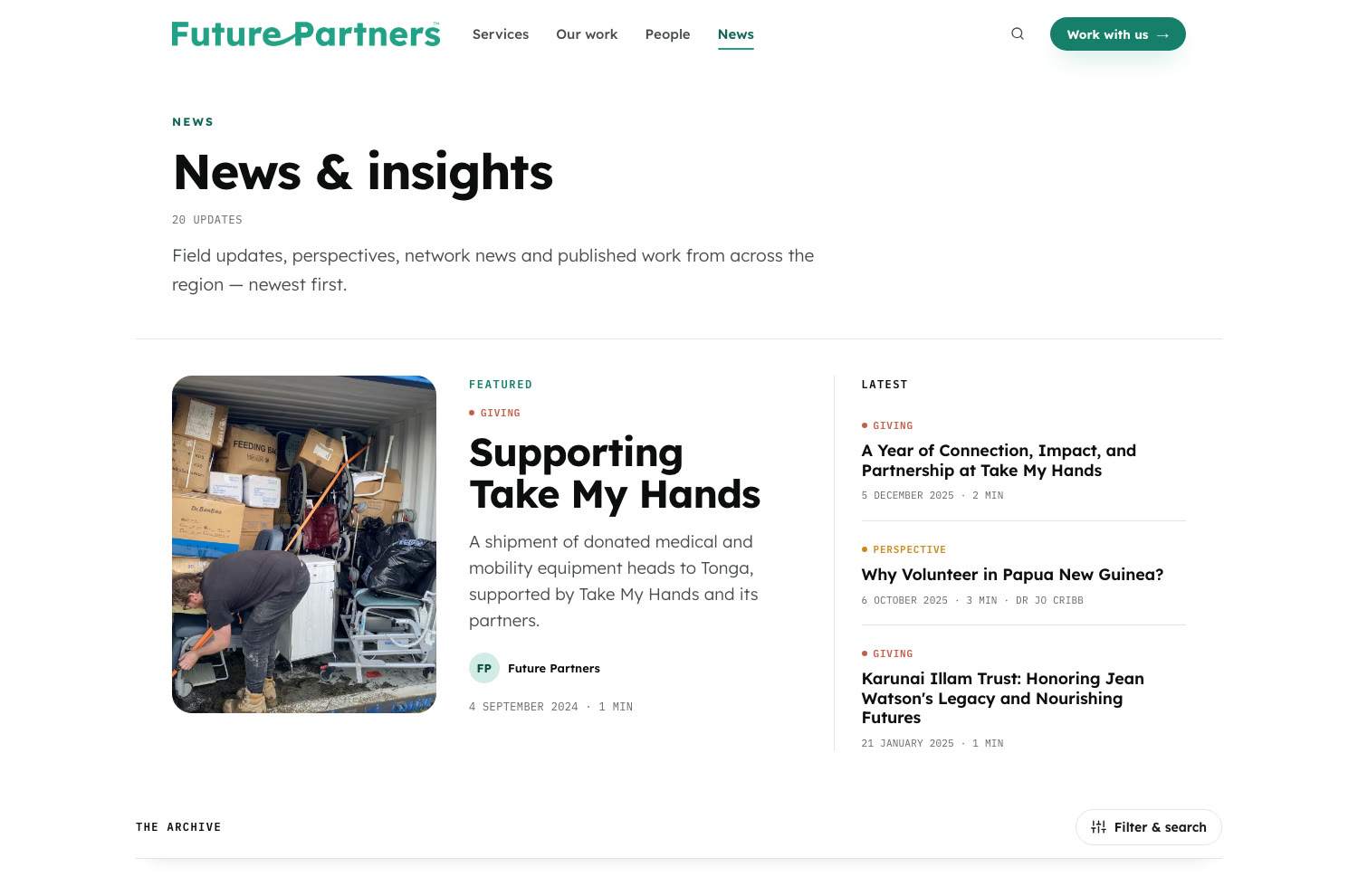 The new news page: a featured story with the latest list beside it