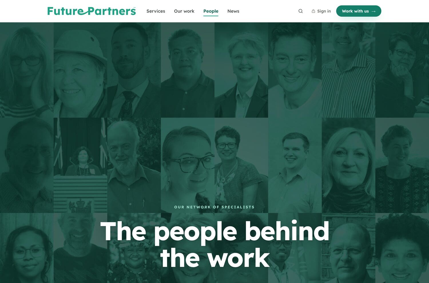 The people page: 29 associate profiles as a consistent grid