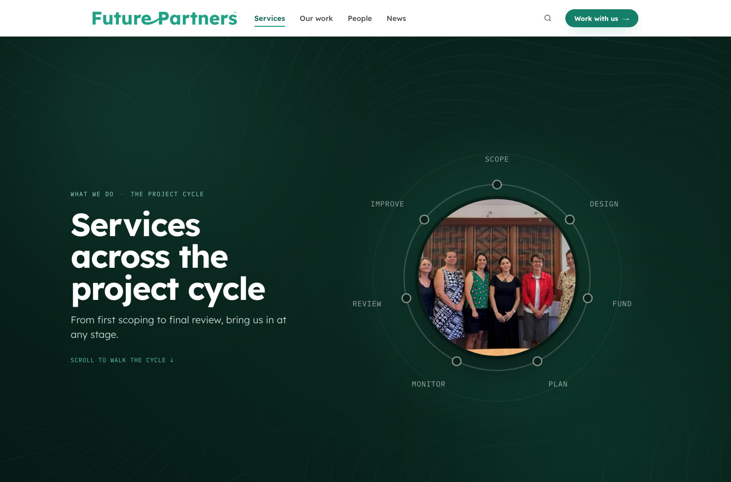 The new services page: the project cycle as an interactive wheel, scope to review