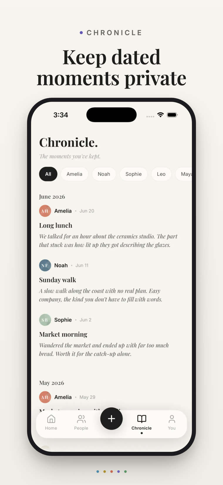 The Chronicle: dated moments kept per person, written in your own words