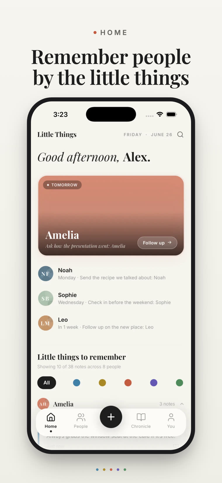 Home screen: a good-afternoon greeting, a follow-up card for Amelia, and this week's little things to remember