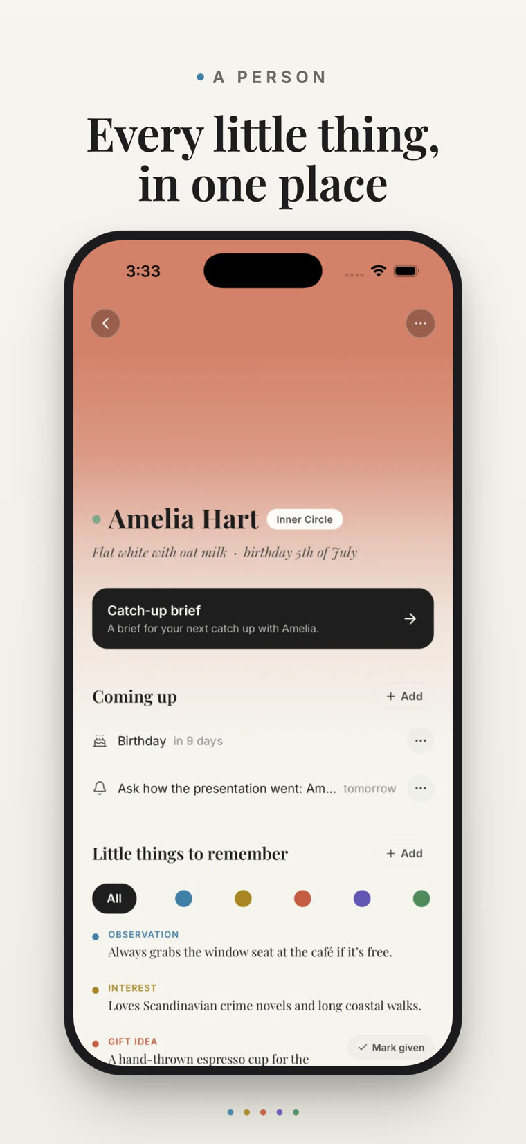 A person page: Amelia Hart's flat white order, her birthday in nine days, a catch-up brief, and colour-coded notes