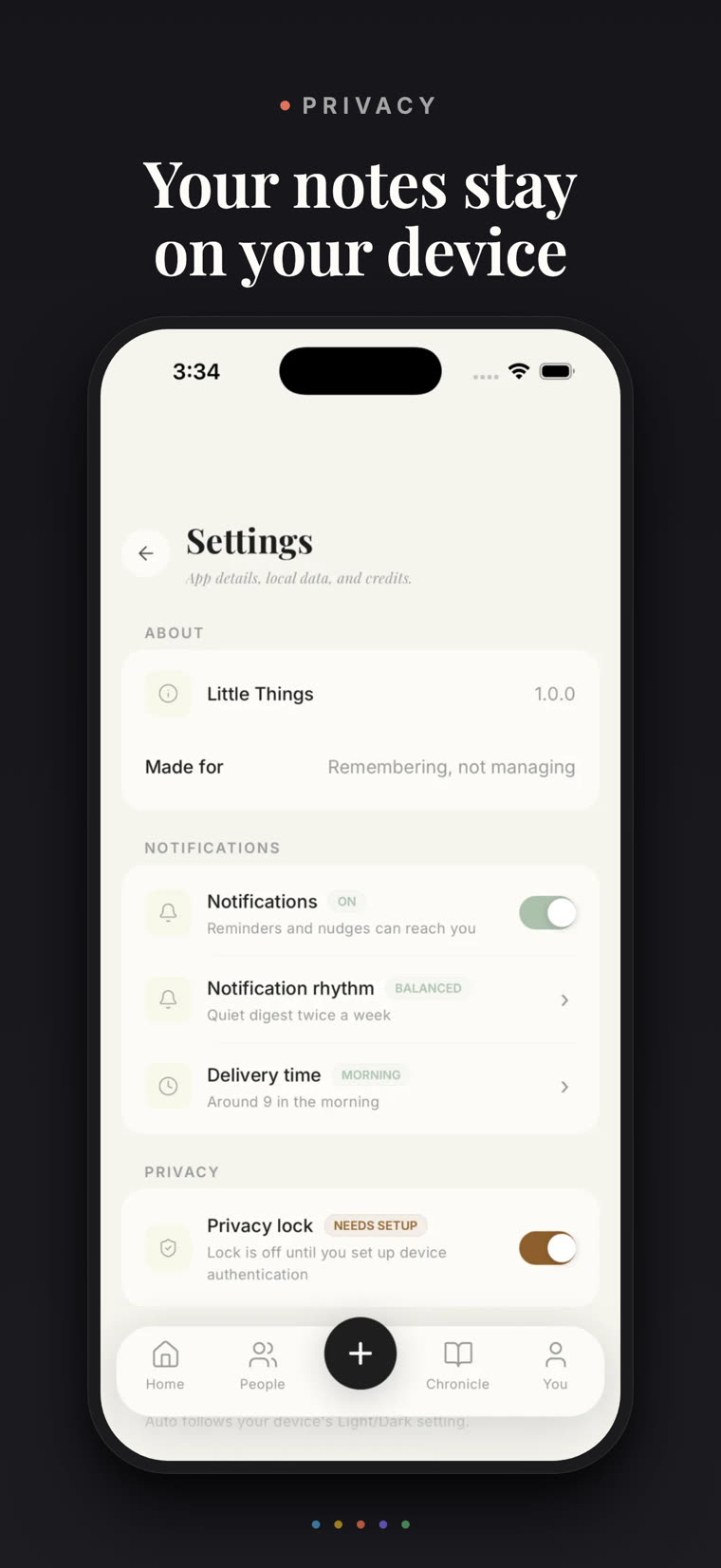 Privacy settings: notes stay on the device, a privacy lock, and a notification rhythm set to a quiet digest