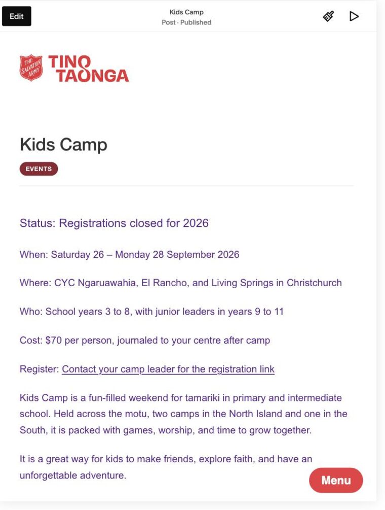 The Kids Camp post open in the Squarespace editor, with lines for Status, When, Where, Who, Cost and Register above two paragraphs