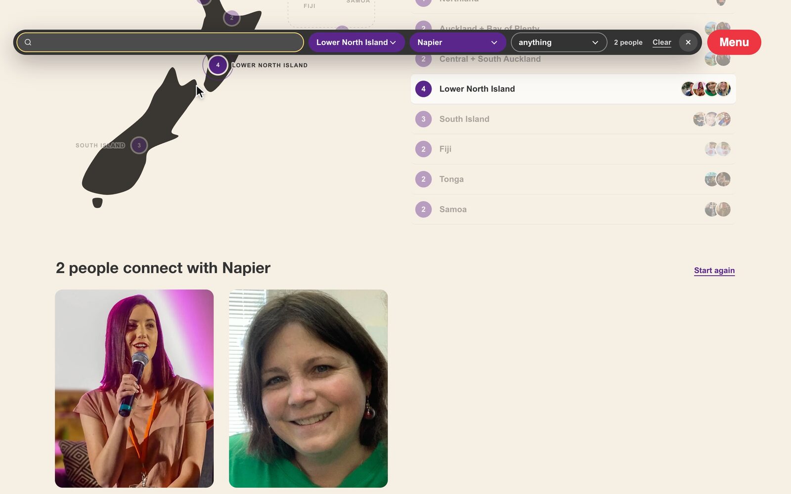 The Find strip across the top of the team page, set to Lower North Island and Napier: two people connect with Napier, and the map lights that region
