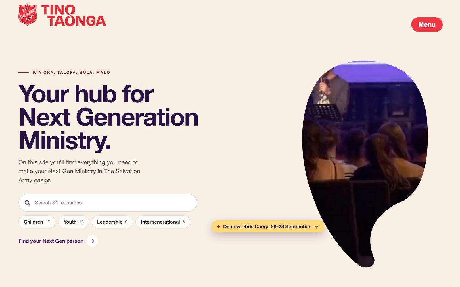 The Tino Taonga homepage: the headline, a resource search and area shortcuts, beside a film playing inside a speech-bubble shape