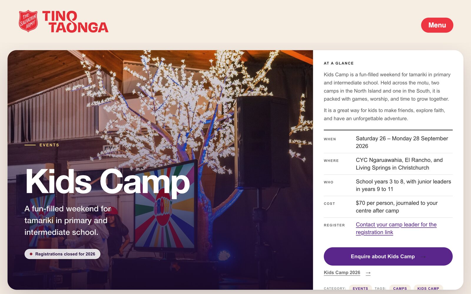 The Kids Camp page: a photograph with the title and a registrations-closed pill, beside an At a glance panel with the dates, places, ages and cost