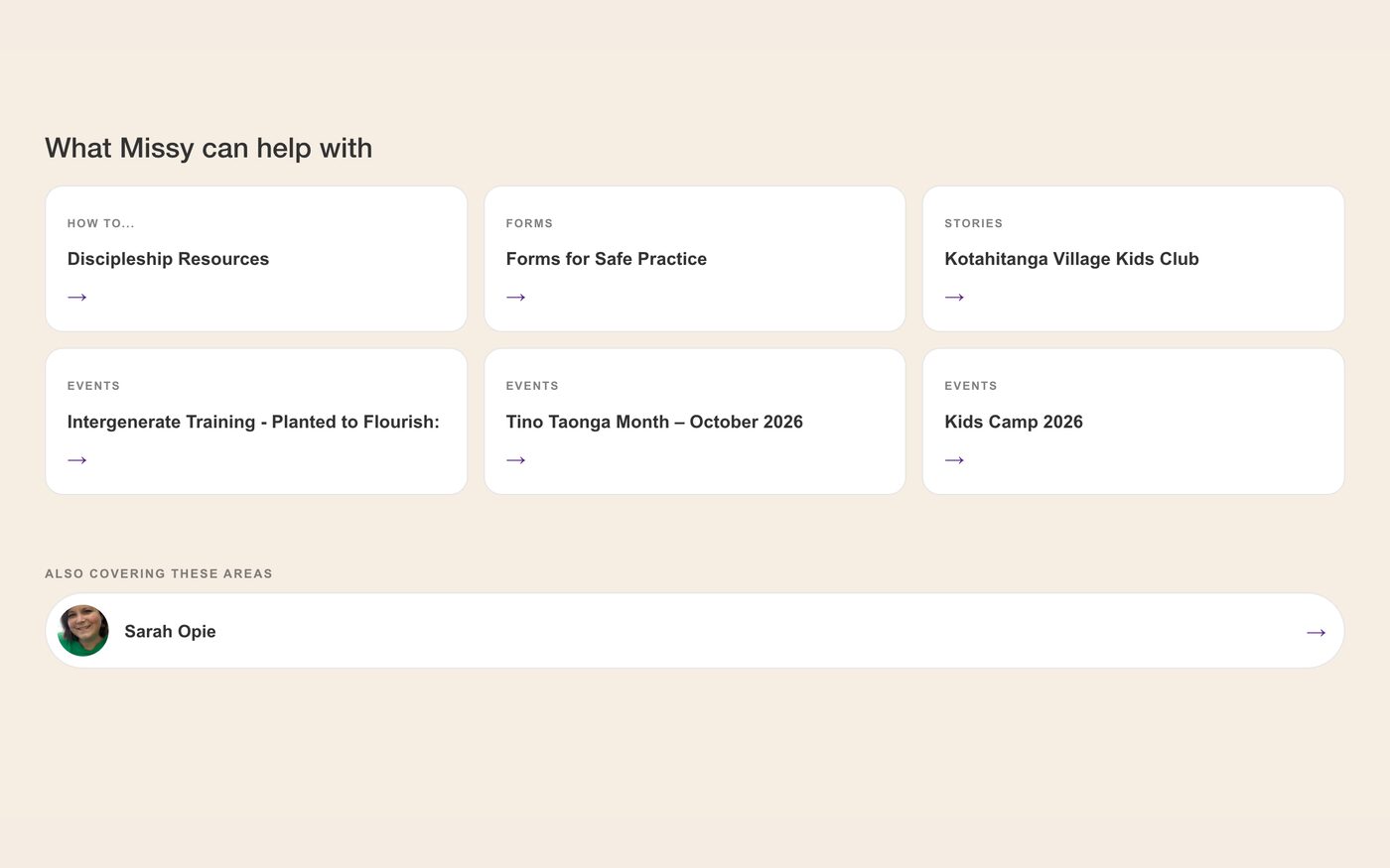 A team member’s page listing six resources, stories and events she can help with