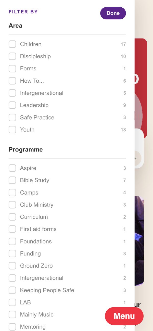 The Resource Hub on a phone with its filter panel open: Area and Programme checklists with a count beside each option