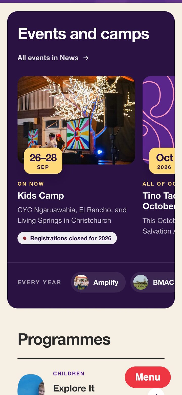 The homepage on a phone: an Events and camps row with Kids Camp marked as on now