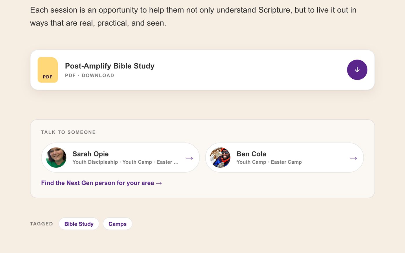 The end of a resource post: a download card for the Post-Amplify Bible Study PDF, then a Talk to someone box suggesting two staff members