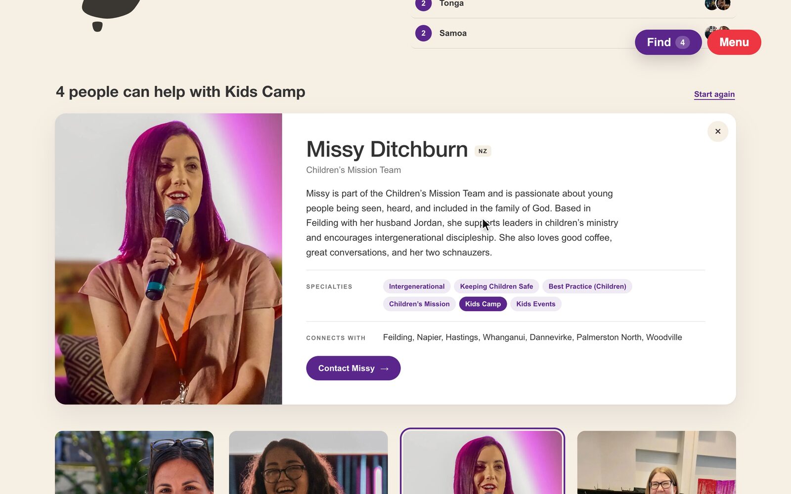 The team finder after a search for kids camp: four people can help, with one profile open showing her role, bio, specialties and a Contact button