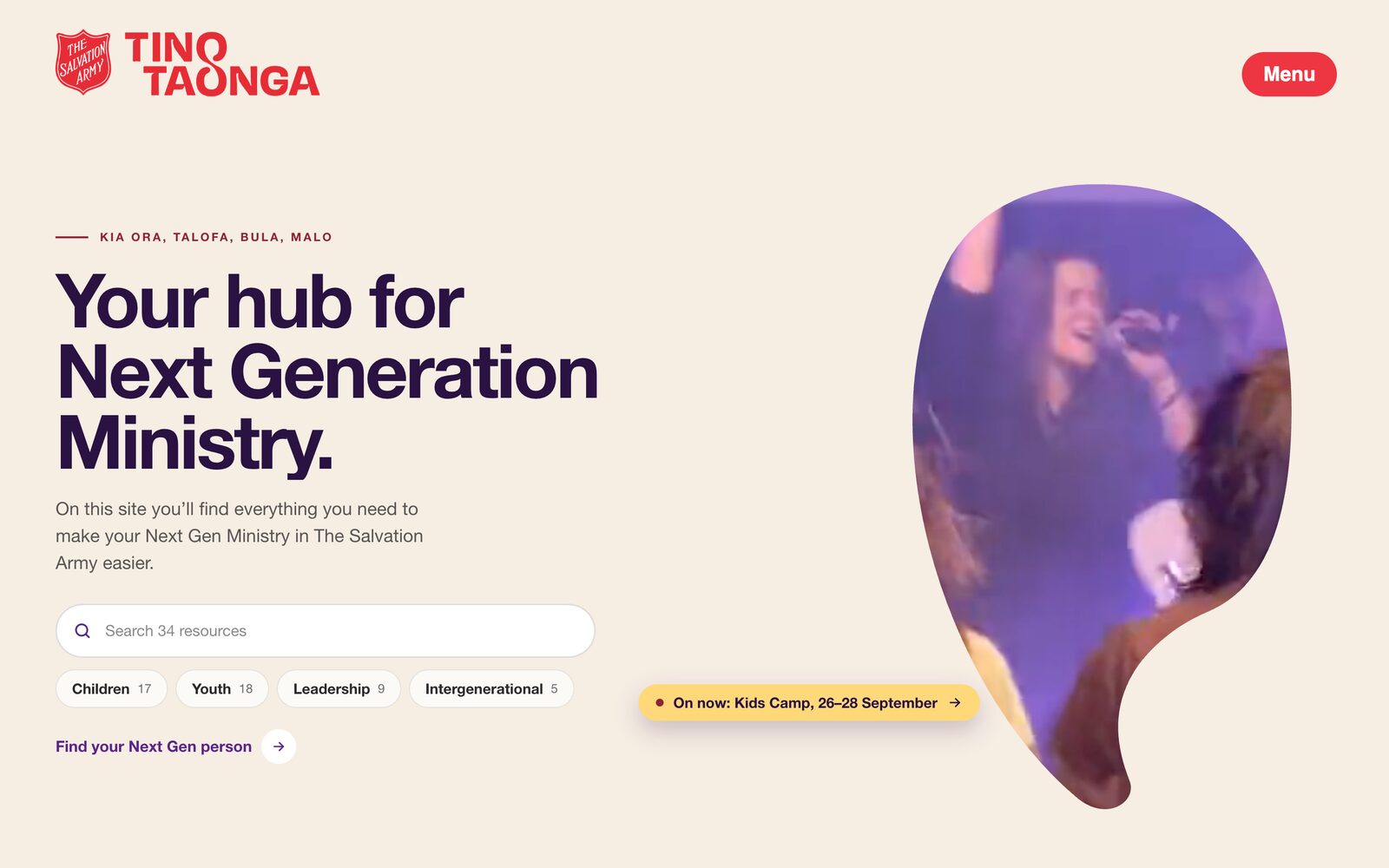 The Tino Taonga homepage: the headline and a resource search beside a film playing inside a speech-bubble shape
