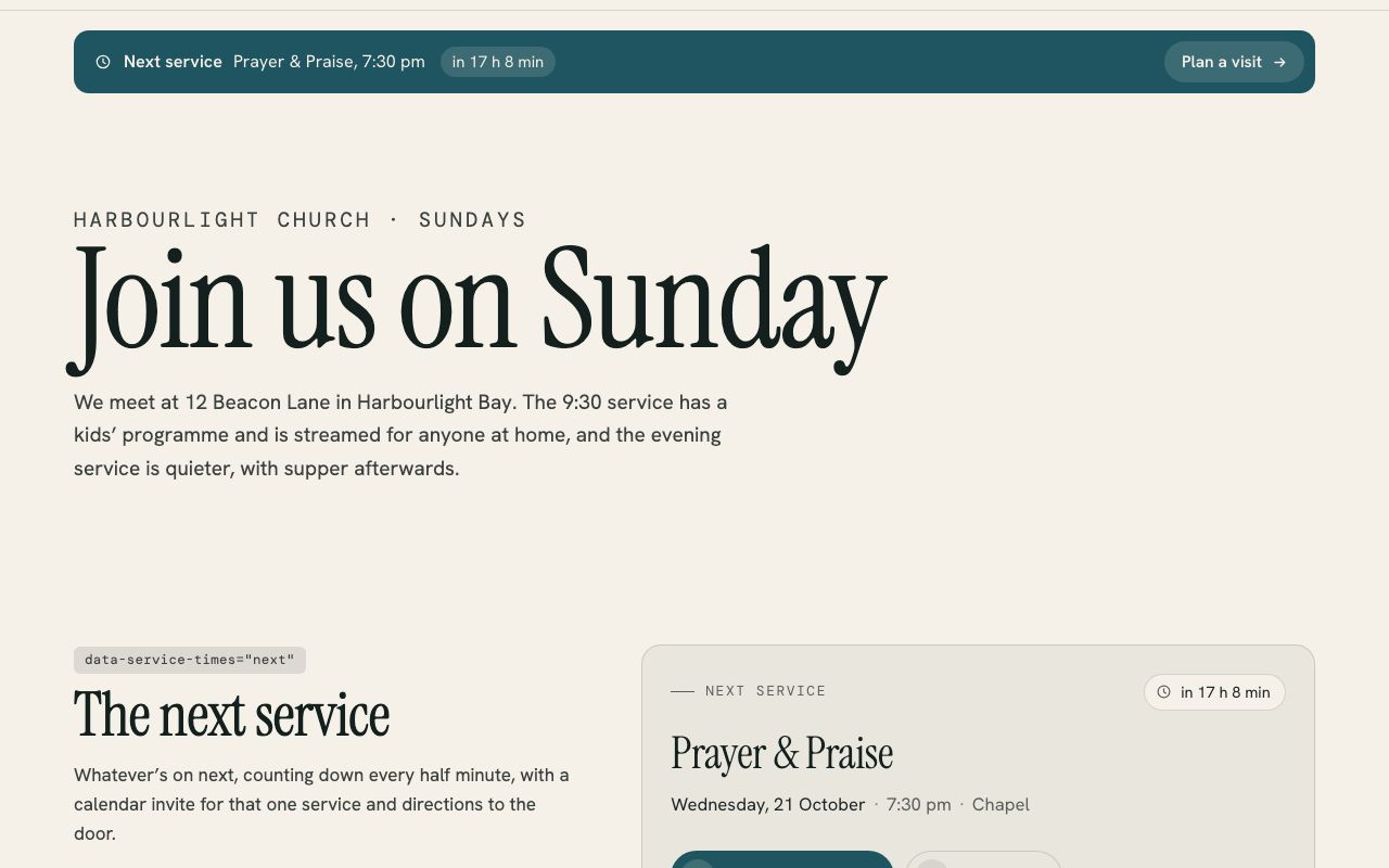 Service Times running on a demo website